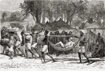 Verney Lovett Cameron chegando à aldeia de Oulonnda, África, 1878 (gravura em madeira)