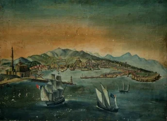 Vista de um porto com um farol em um promontório, c.1800