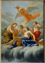 O nascimento de Vénus do Amor dá à luz o Cupido. Pintura da oficina de Eustache Le Sueur (1617-1655) Sol do século XVII. 1,82x1,25 m .
