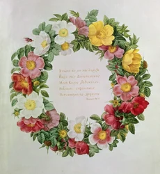 Claude-Antoine Thory Les rosas, Frontispício: Garland com uma epígrafe da Ode V pelo poeta grego Anacreon, 1817 (litografia)