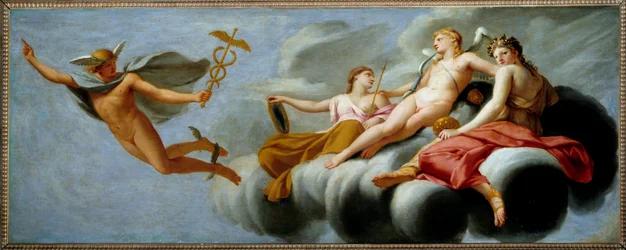 Cupido ordena a Mercúrio que anuncie seu poder para o universo Hermes deixou de ter o seu atributo. Pintura de Eustache Le Sueur (1617-1655) 1646 Sol. 1x2,5 m .