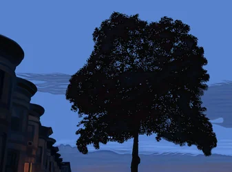 9th Street e Oak Tree ao amanhecer, 2025 (arte digital)