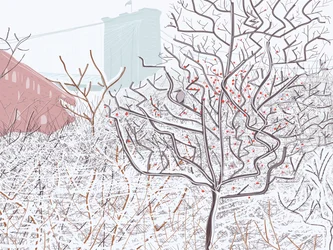 Pássaro na neve, Brooklyn Bridge Park (arte digital)