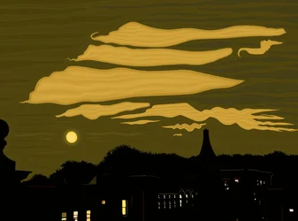 Nuvens, lua e parque a partir do telhado (arte digital)