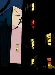 Janelas coloridas de prédios de apartamentos à noite Brooklyn (arte digital)