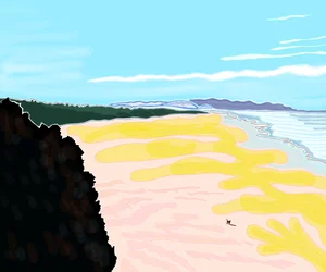 Cão na praia, Cliff House, São Francisco (arte digital)