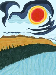 Campo, relva e céu na costa do mar (arte digital)