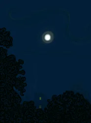 Casa com empena e lua à noite, sombras de árvores