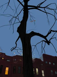 Casas e árvores à noite, Brooklyn. (arte digital)