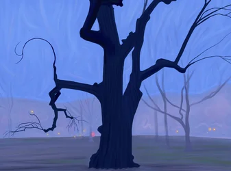 Grande árvore azul sozinha num campo, numa manhã de nevoeiro e crepúsculo, Brooklyn (arte digital)
