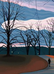 Homem a fazer exercício no Prospect Park ao nascer do sol, ao crepúsculo (arte digital)