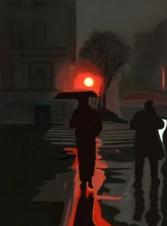 Homem a caminhar à chuva à noite (arte digital)