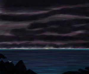 Oceano e céu com pássaro à noite