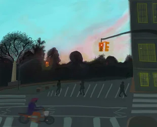 Orange Scooter,Grand Army Plaza, Brooklyn, 2016 (desenhado à mão num iPad com um lápis Apple)
