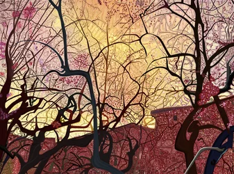 Céu cor de laranja, edifícios e árvores na primavera (arte digital)