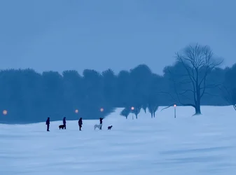 Pessoas e cães na neve em Prospect Park (arte digital)