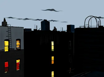 Telhados e edifícios numa noite de verão (arte digital)