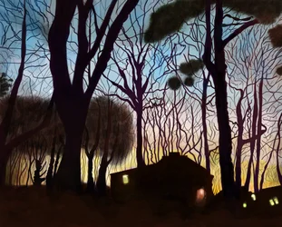 Edifícios comerciais ao amanhecer, Brooklyn (arte digital)