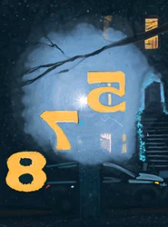Neve à noite vista através da numeração na porta da frente, Brooklyn (arte digital)