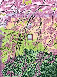 Árvores primaveris e edifício de apartamentos, parque Prospekt (arte digital)