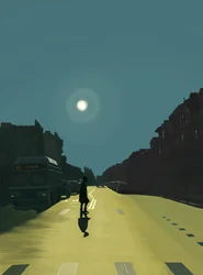 Sol e mulher a caminhar na Ninth Street (arte digital)