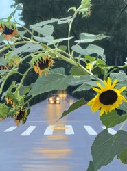Girassóis e carros numa rua arborizada ao amanhecer. (arte digital)