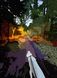 Cão branco a passear na floresta (arte digital)