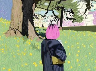 Mulher Wirth Cabelo cor-de-rosa e campo de narcisos (arte digital)