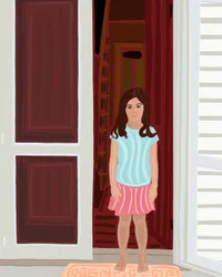 Rapariga jovem na porta (arte digital)