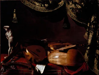 Natureza Morta com Instrumentos Musicais Pintura por Evarista Baschenis (1617-1677) Século XVII. Bergamo, Accademia Carrara, Itália