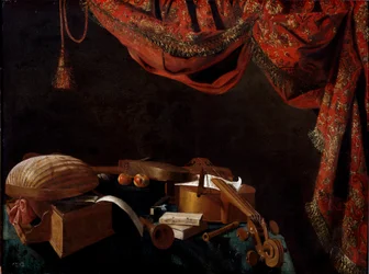 Natureza morta com instrumentos musicais e pintura de livros de Evarista Baschenis