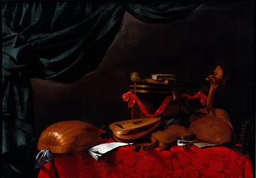 Natureza morta com instrumentos musicais e uma pintura de pêra de Evarista Baschenis (1617-1677) do século XVII. Bergamo, Accademia Carrara, Itália