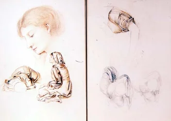 Seis estudos de modelos femininas, duas páginas de um dos cadernos de esboços da artista (lápis, giz sobre papel)