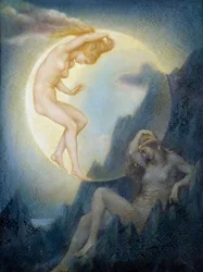 Simbolismo: "La Terre endormie et la Lune se reveillant" (A terra adormecida e a lua que desperta) Pintura de Evelyn De Morgan (1855-1919) (pré-rafaelita) Coleção exclusiva