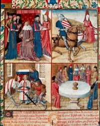 Rei Arthur segurando a corte, Lancelot conduzido por uma senhora para a abadia, suavizando de Galahad (Gaalad ou Galaad) para a abadia e os cavaleiros da Távola Redonda ao redor da página do Manuscrito do Santo Graal “” Roman of the Knight Tristan and Quee