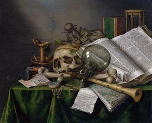 Vanitas - Natureza-morta com livros, manuscritos e uma caveira