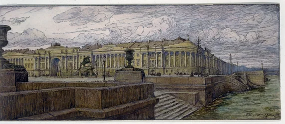 La place du Senat a Saint Petersbourg (O Lugar do Senado em São Petersburgo). Descrição dos batiments sur la rive de la Neva. Oeuvre de Evgeny Evgenyevich Lanceray (Eugene Lansere) (1875-1946), litografia