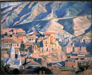 Tbilisi (República da Geórgia) (Tiflis) - Vista de uma cidade do Cáucaso, numa paisagem de montanhas rochosas - Pintura de Evgeny Evgenyvich Lanceray (Eugene Lansere) (1875-1946), óleo sobre tela