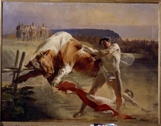 O Julgamento da Força de Jan (Ian) Usmar (Usmovitch, Usmoshvets). (O Julgamento da Força de Yan Usmovets). Tradicional herói lendário russo, desafiado pelo Grão-Duque Vladimir (c. 960-1015) a deter um touro com as suas próprias mãos. Pintura por Yevgraf Se