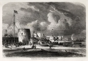 Porto da cidade de Zanzibar (actual Tanzânia), desenho de Evremond de Berard (1824-1881), para ilustrar a viagem do Capitão Burton aos Grandes Lagos da África Oriental, em 1857-1859. Gravura em "Le tour du monde, nouveau journal des voyages" Paris