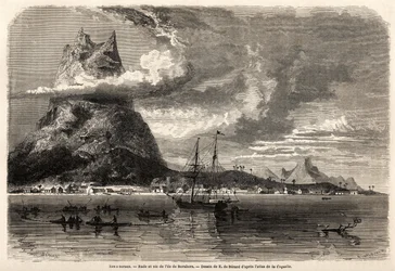 Rade e pico da ilha de Borabora, desenho de Evremond Auguste de Berard (1824-1881), para ilustrar a viagem de um naturalista no arquipélago de Galápagos e nas ilhas de coral, em 1858 por Charles Darwin (1809-1882). Gravura em "Le tour du mond