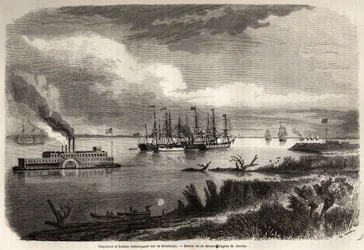 Navio e rebocador no Mississippi, desenho de Evremond Auguste de Berard (1824-1881), para ilustrar a viagem a Nova Orleans em 1855 por Elysee (Elisee) Reclus (1830-1905). Gravação em "Le tour du monde, nouveau journal des voyages" Paris