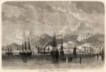 O porto da Espanha, em Trinidad (Trinidad e Tobago), desenhado por Evremond Auguste de Berard (1824-1881), para ilustrar as viagens às Índias Ocidentais, em 1858-1859, por Anthony Trollope (1815-1882). Gravação em "Le tour du monde, nouveau journal des voy