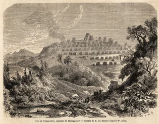 Vista de Tananarive, capital de Madagáscar, desenho de Evremond de Berard (1824-1881), para ilustrar a viagem de Ida Pfeiffer a Madagáscar em 1857. Gravura em "Le tour du monde" 1861. A coleção de Selva.