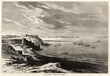 Vista de Tânger (Marrocos), desenho de Evremond de Berard (1824-1881), para ilustrar as notas de viagem de M.F.Schickler a Marrocos. Gravura em "Le tour du monde, nouveau journal des voyages" Paris