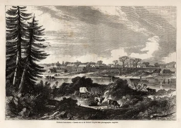 Vista de Victoria-Vancouver, capital da Colúmbia Britânica, desenho de Auguste de Berard (1824-81), para ilustrar a exploração das Montanhas Rochosas em 1857-59 pelo Capitão John Palliser. Gravura em "Le tour du monde, nouveau journal des voyages" Paris