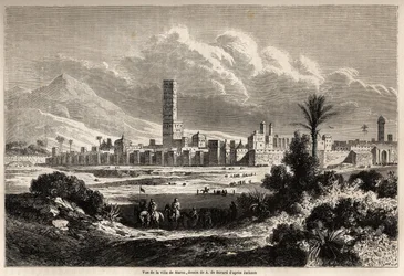Vista da cidade de Marrakech (antigo Marrocos), desenho de Auguste de Berard (1824-1881), para ilustrar a viagem do Sr. F. Schickler a Marrocos em 1860. Gravura em "Le tour du monde, nouveau journal des voyages" Paris