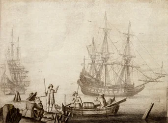 Homens num barco perto de dois navios holandeses