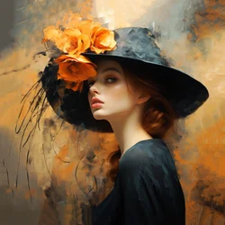 Pintura abstrata de uma mulher bonita com um chapéu de flores, impressões de arte em tela