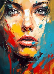 Desenho de retrato de rosto de mulher bonita, olhos azuis, estilo expressionista, impressões murais
